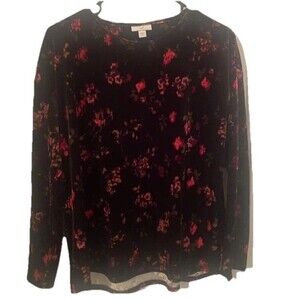 J Jill Soft Velvet Black Cottagecore Floral Holiday Christmas Sleeve Top XS